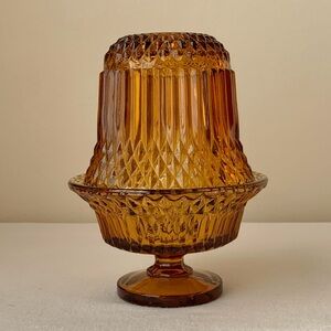 Indiana Glass Princess House Diamond Point Candle Holder Amber Fairy Lamp